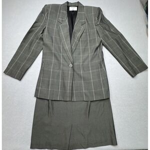 Kasper A.S.L Skirt Suit Gray Windowpane 2 Piece Womens Size 10